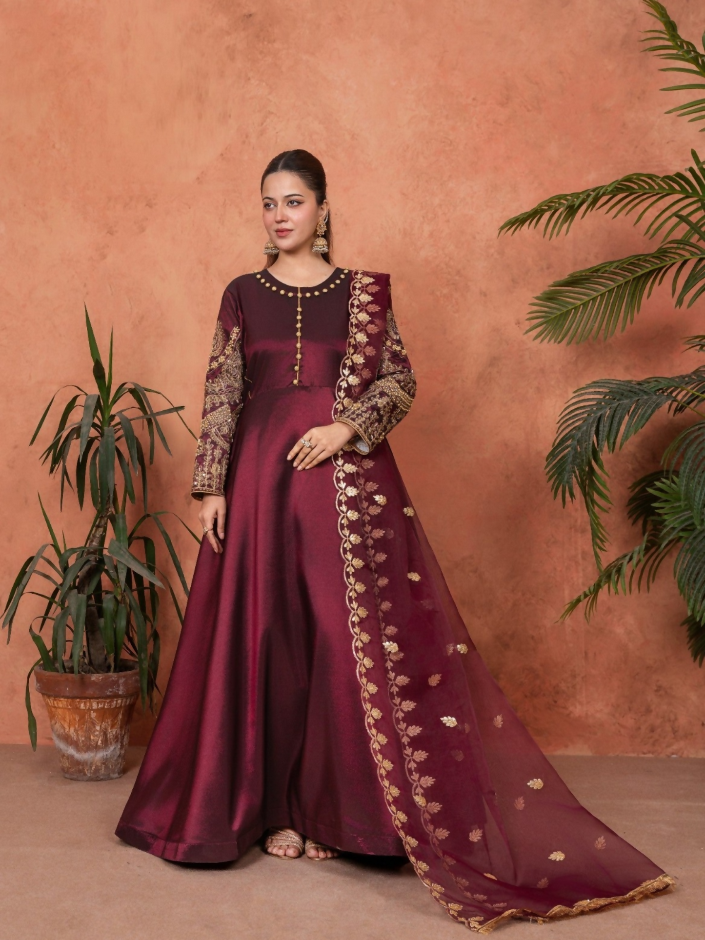 Stylish Collection Majeste Silk Embroidered Maxi-Zuri Maroon