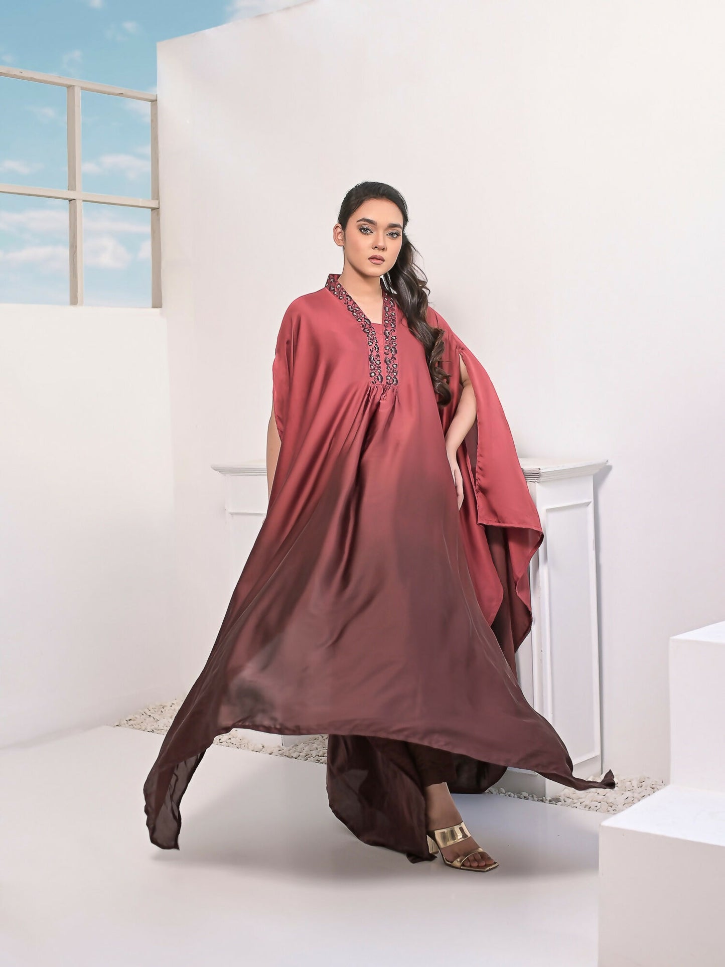 Ruby's Couture Haute & Chic Silk Embroidered Kaftan Set-Misty