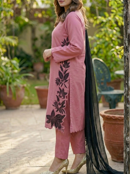 Duas Boutique Linen Embroidered Stitched 3-Piece Suit-Kashmiri Chai