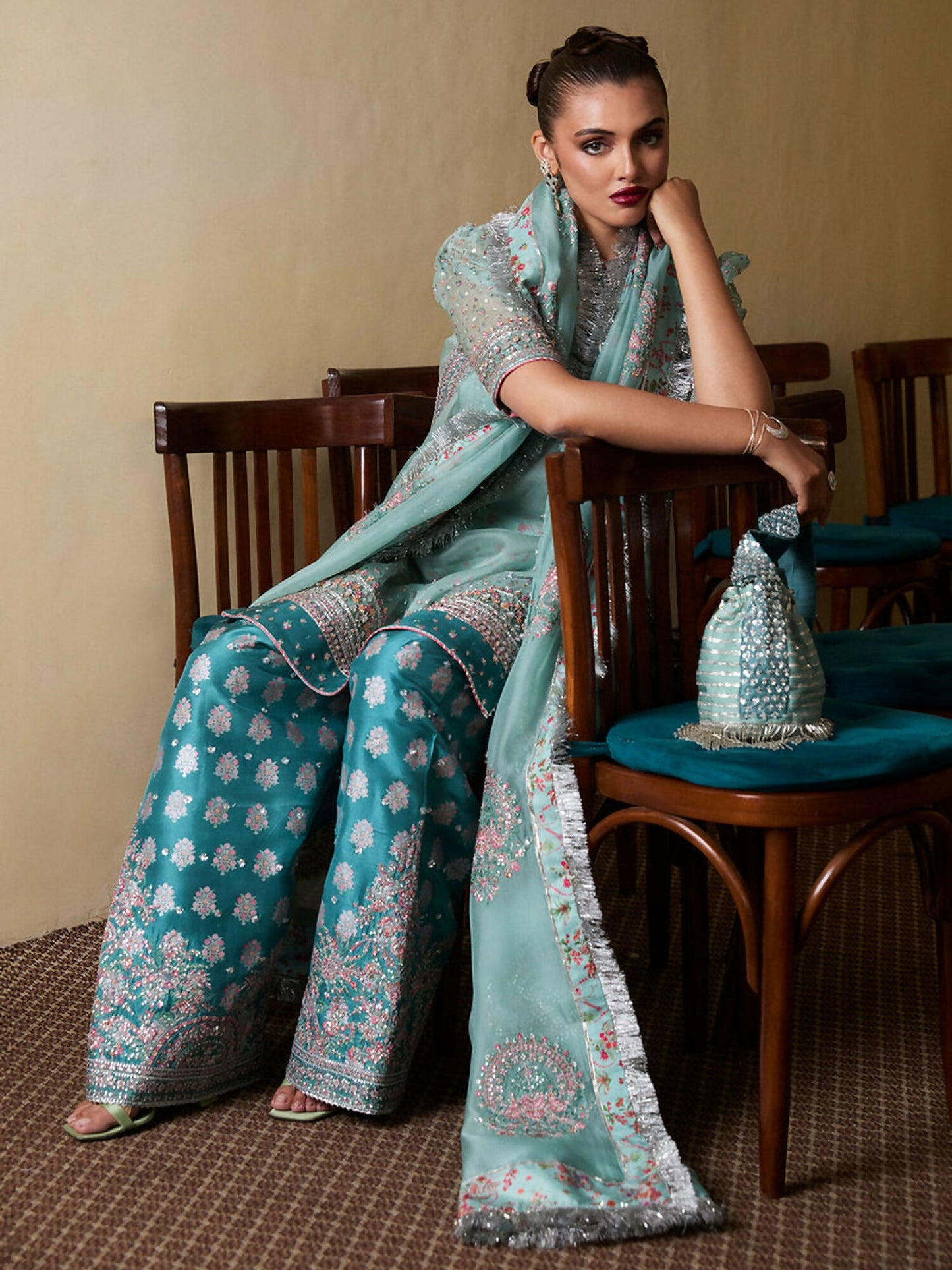 Hussain Rehar ice blue organza hand-embellished shirt with puff sleeves, teal blue raw silk shalwar, and organza dupatta