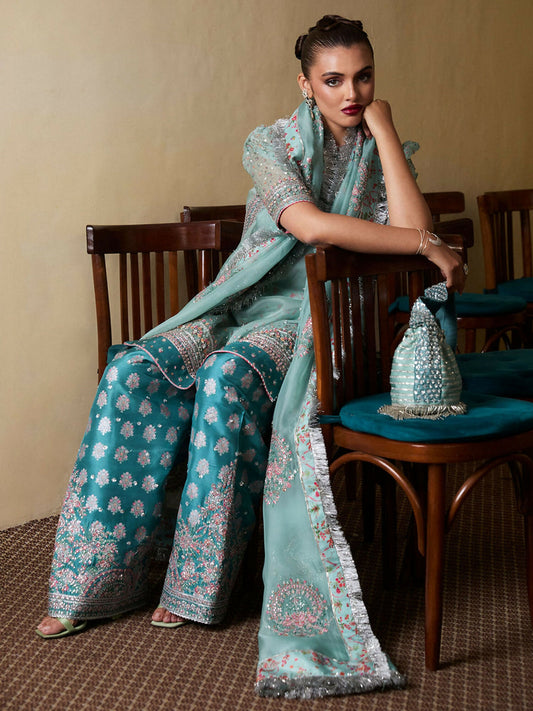Hussain Rehar ice blue organza hand-embellished shirt with puff sleeves, teal blue raw silk shalwar, and organza dupatta