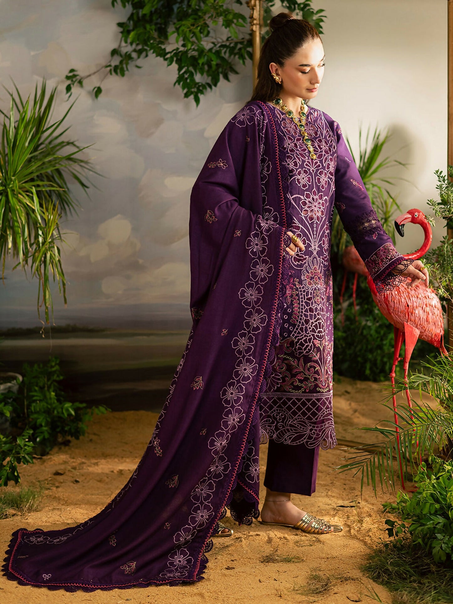 Mahnur Kaia Slub Linen Embroidered Stitched 3-Piece Suit-K- 01