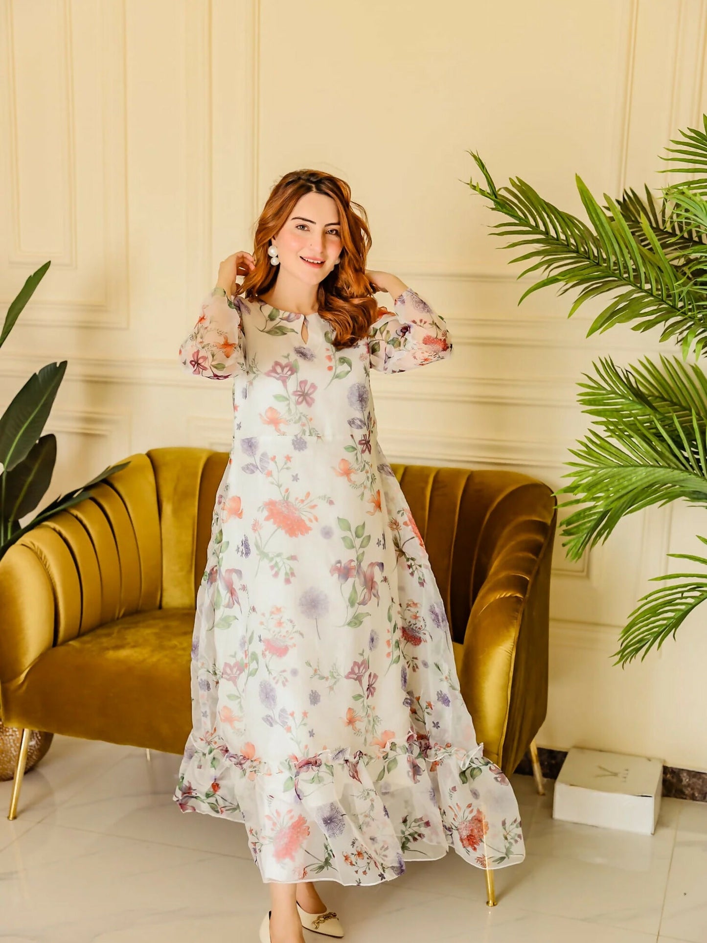 Panache Apparel Organza Printed Frock-Marigold