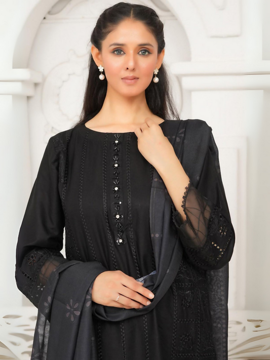 Siraphina Winter Cotton Embroidered Stitched 3-Piece Suit-Heer Noir