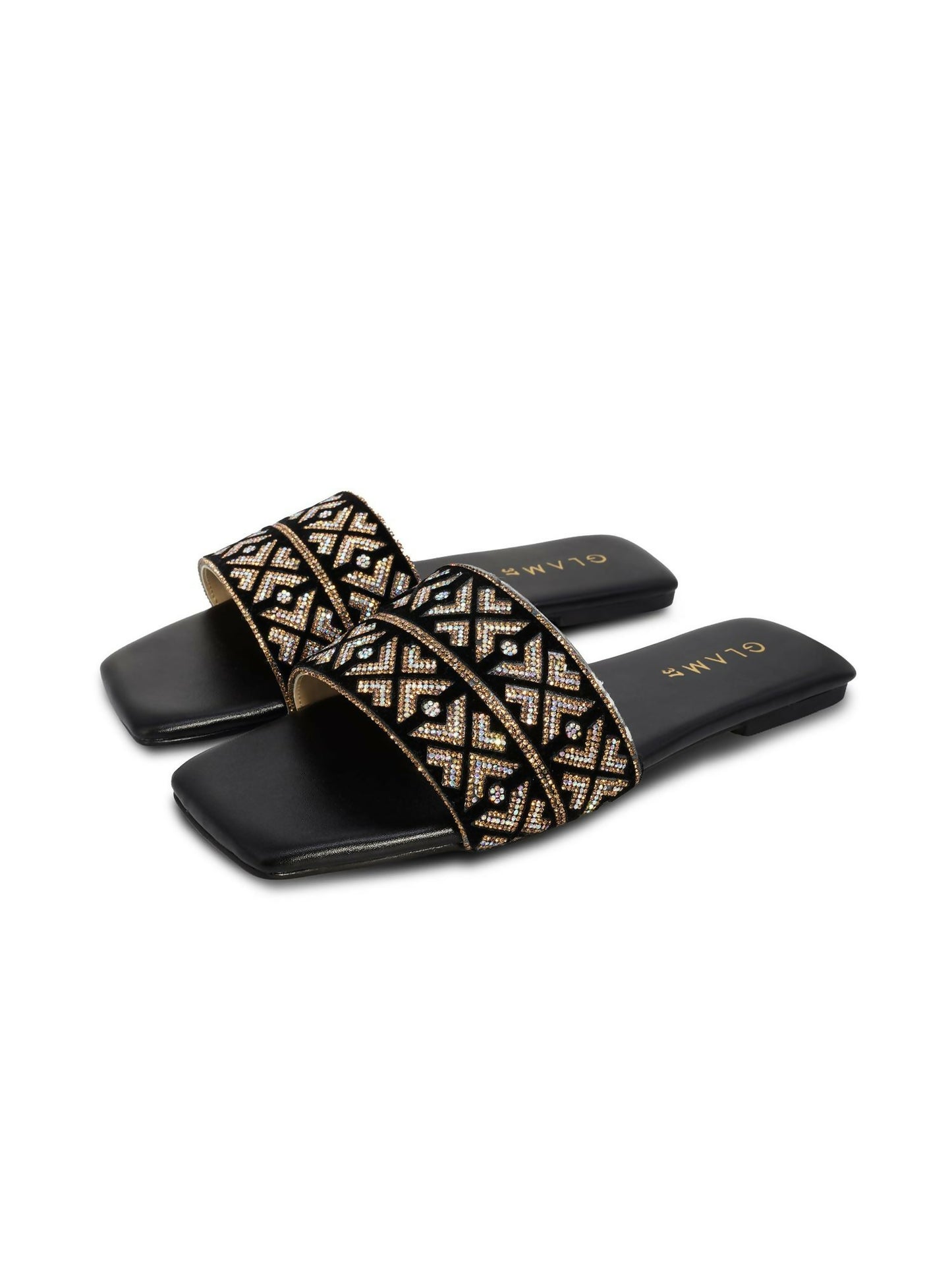 Black and Golden Royale Leather Women’s Slides-769