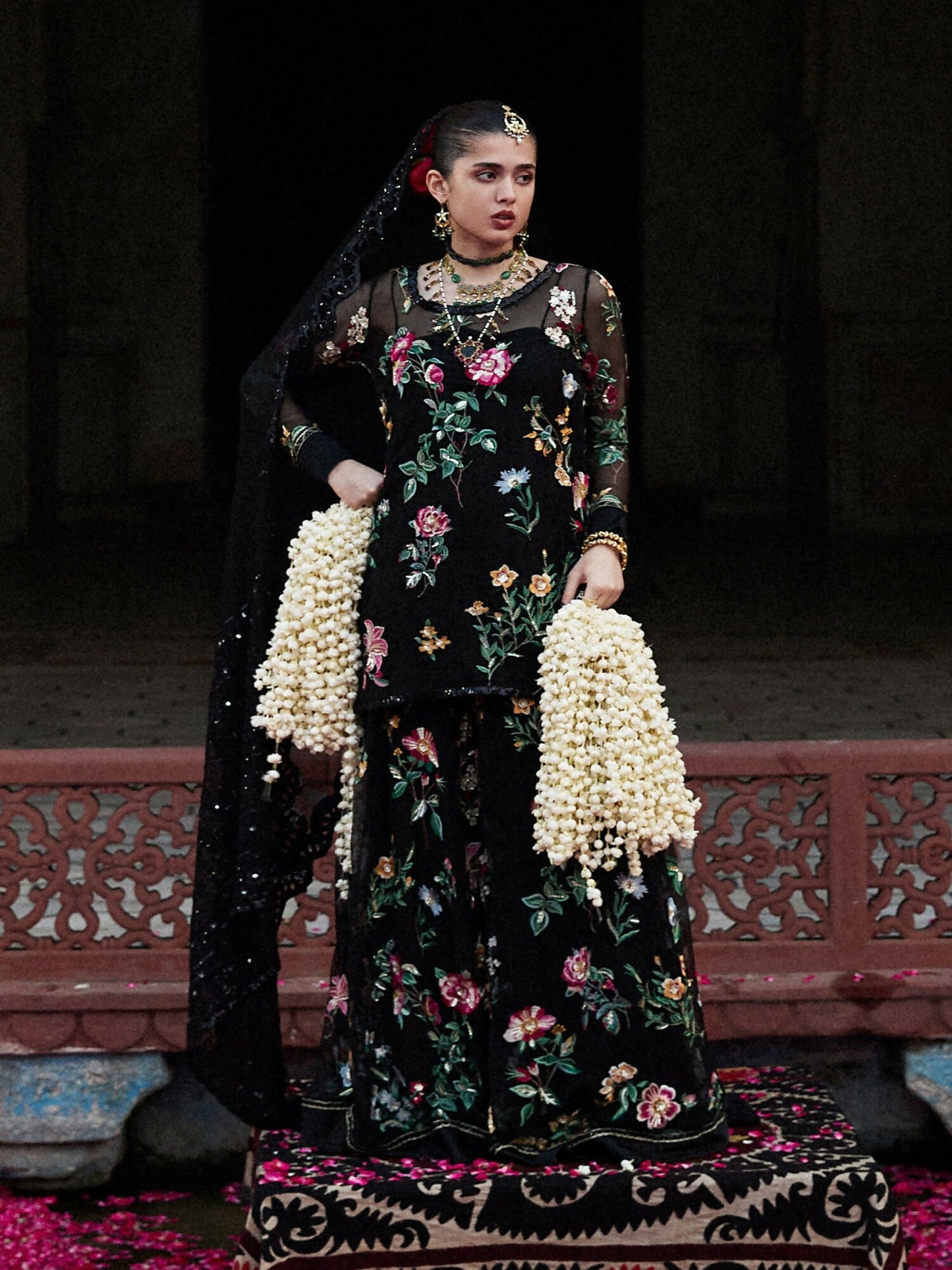 Hussain Rehar Festive Pret’25 black chiffon shirt with sharara and embroidered chiffon dupatta, stitched 3-piece suit.