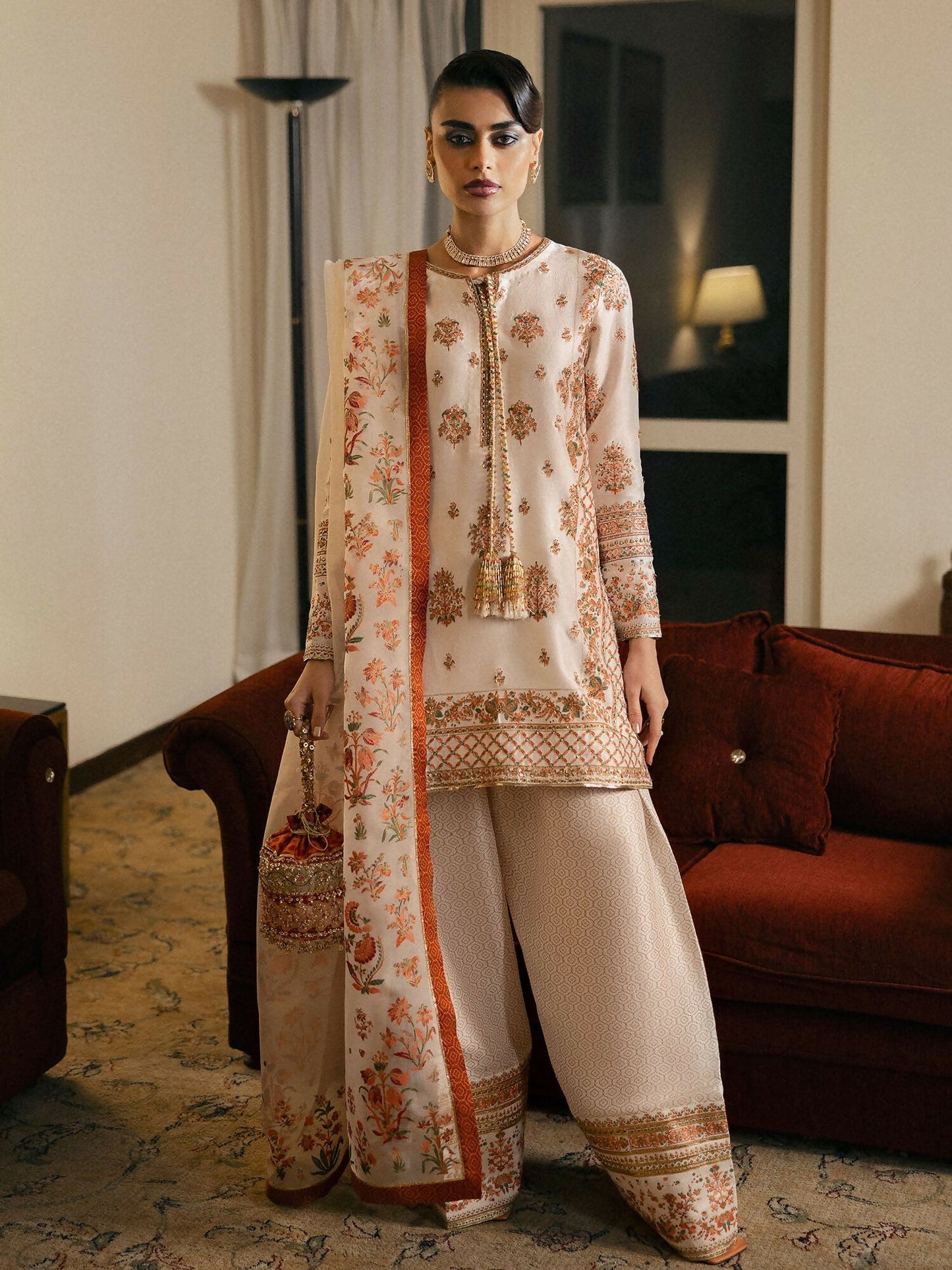 Ivory Hussain Rehar BASIC NOT BASIC V Raw Silk Embroidered Stitched 3-Peice Suit-Livid