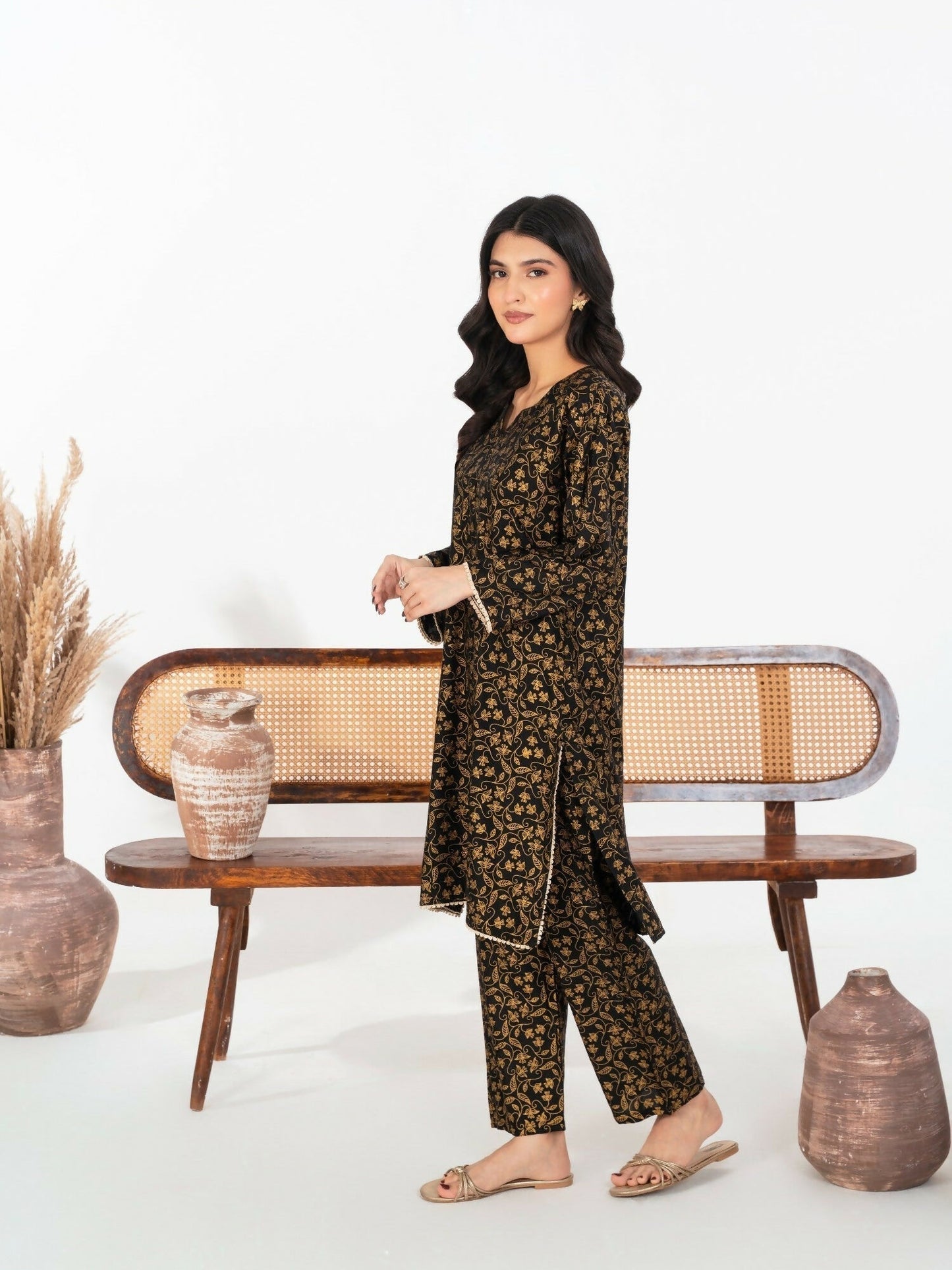 Stylish Collection Enchant Pret Linen Printed Co-Ord Set-Leaf Black