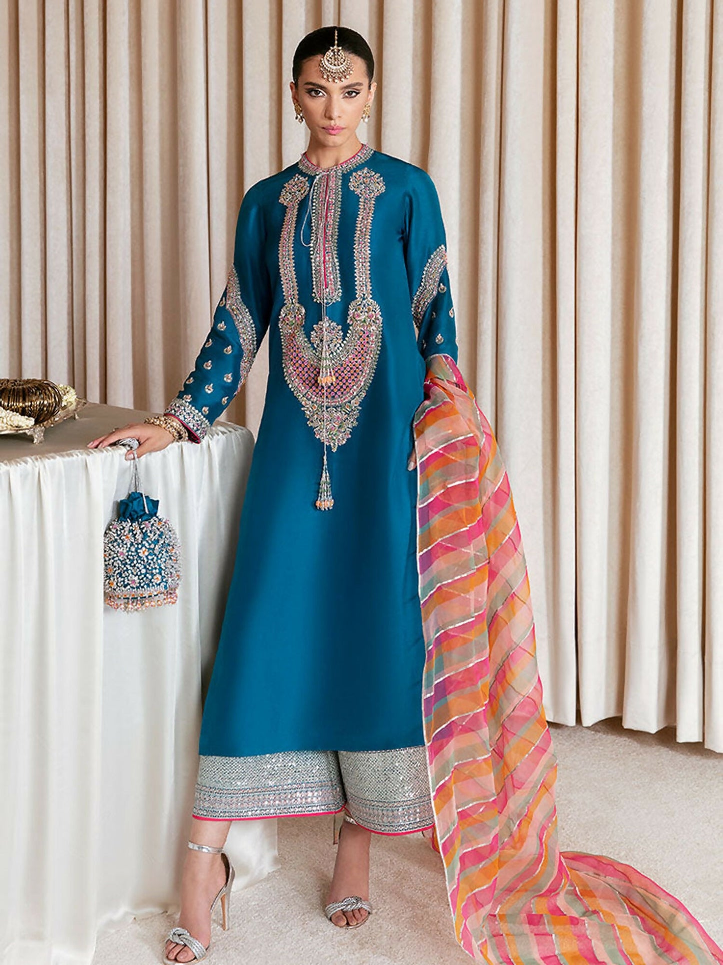 Hussain Rehar teal blue raw silk shirt with tassels and multicolor embellished dupatta