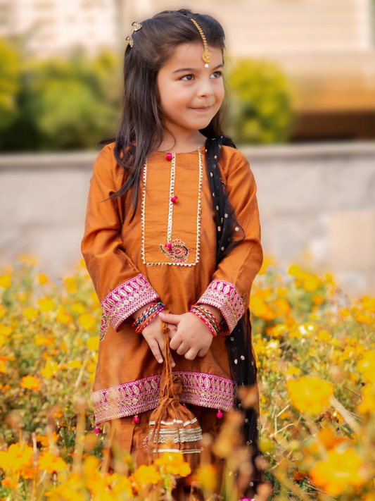 Kidoz Kloset Cotton Silk Embroidered Gharara-Mari Gold