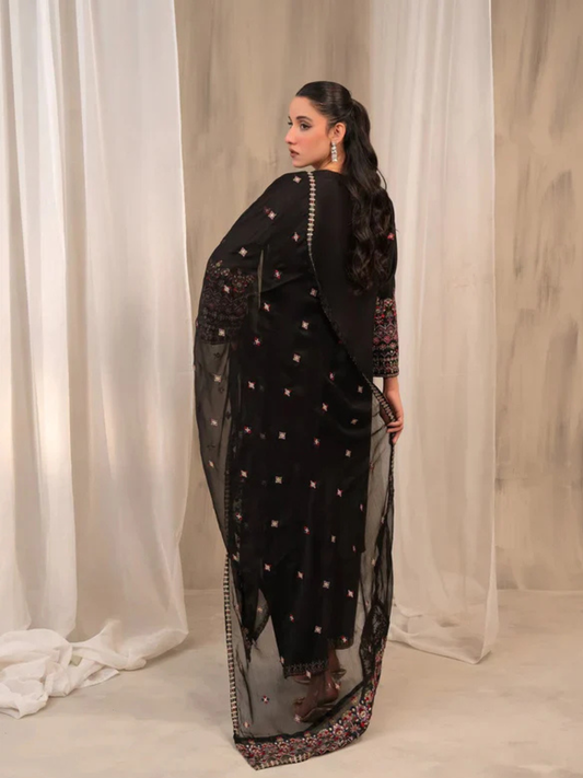 Black Silai Libas Linen Embroidered Stitched 3-Piece Suit-Black Horiya