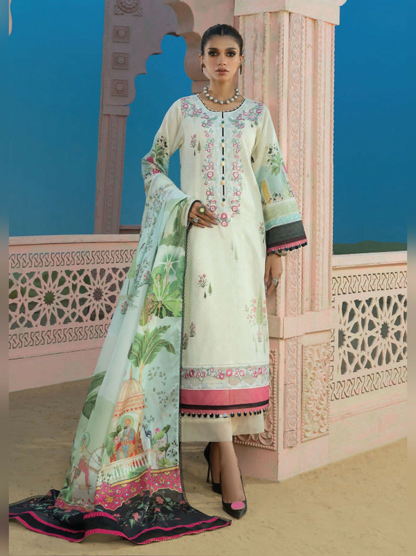 Ivory and Green Wardha Saleem Summer Collection Lawn Embroidered Unstitched 3-Piece Suit-D-06 Shikaar Gah