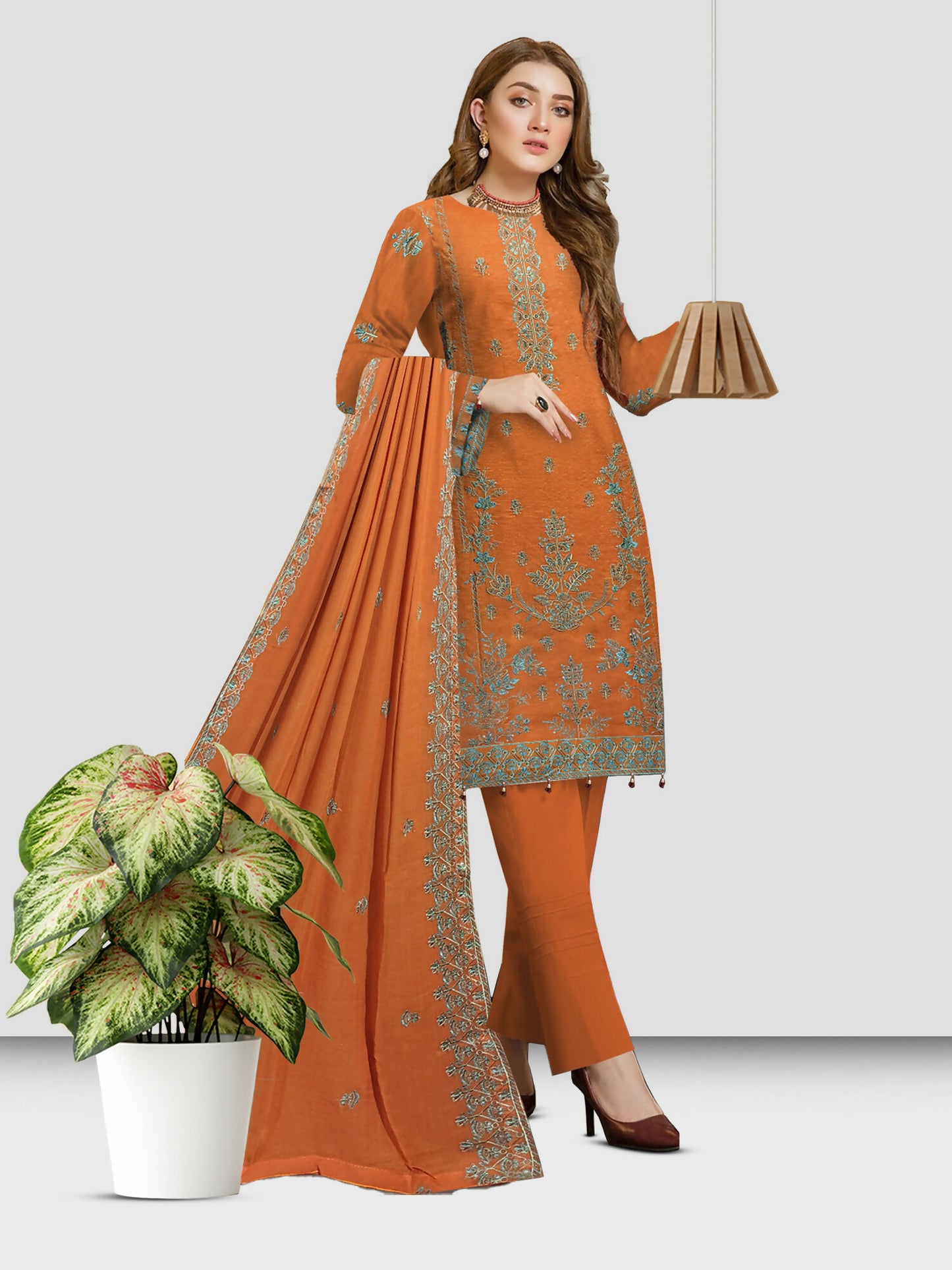 Embroidered Bana Dora Lawn shirt with embroidered Bamber dupatta and plain dyed cotton trouser.