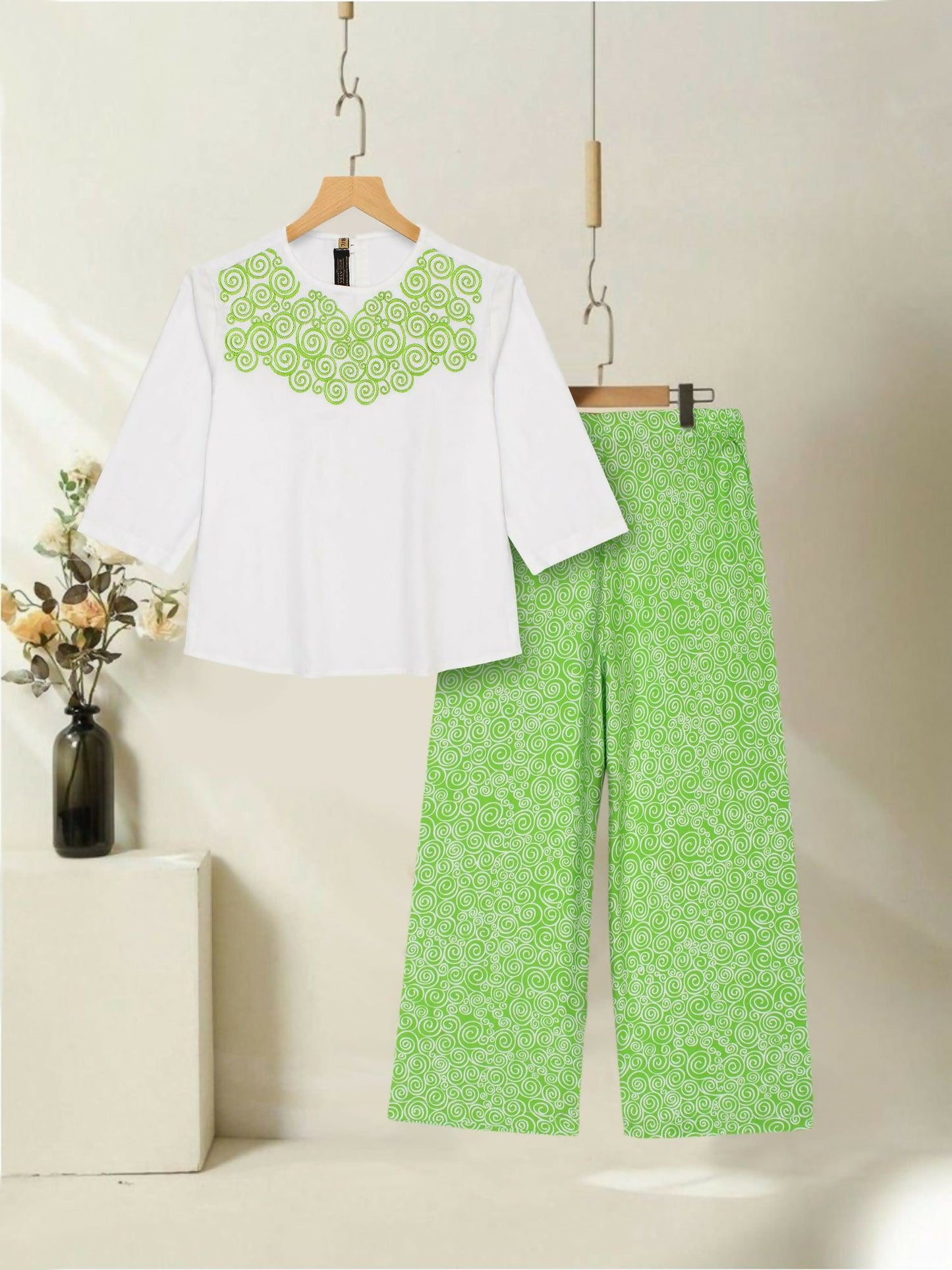 Green and White Velvour Girls Embroidred Co-ord Set-VG162-A