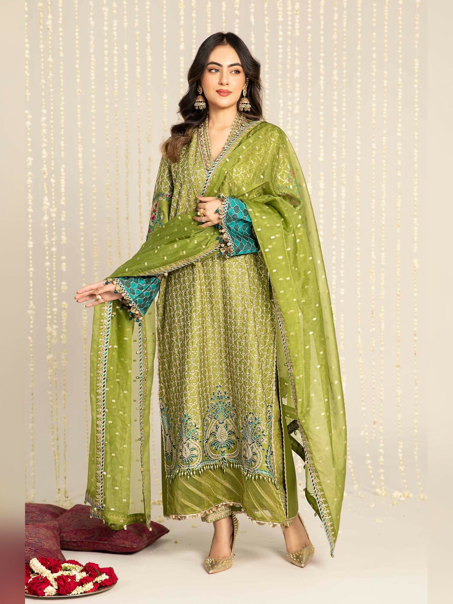 Green Maria.B Sateen Cotton Satin Embroidered Unstitched 3-Peice Suit-CST-803