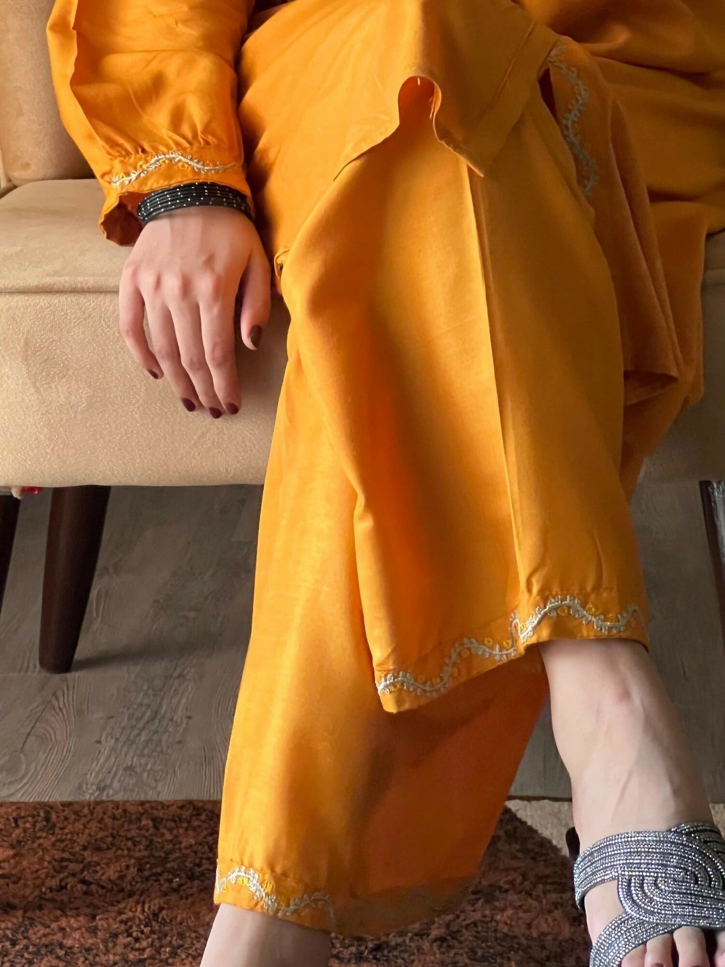 Stylish Collection Aaraish Linen Embroidered Co-Ord Set–Yellow Ringels