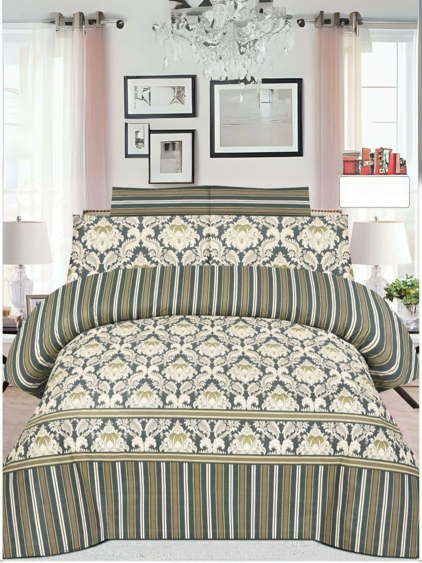 Olive green comforter set with white printed design, includes king size comforter, matching bedsheet, and four pillow covers arranged on a neatly made bed.