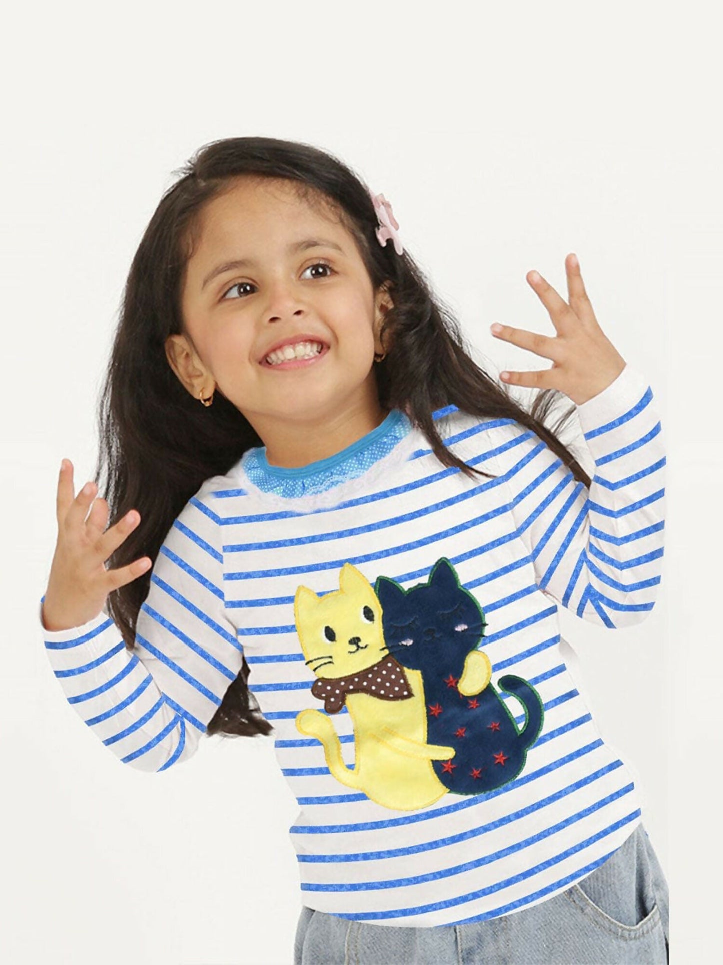 Girls’ cotton tee with striped frilled neckline, long sleeves, and double cat applique on front.