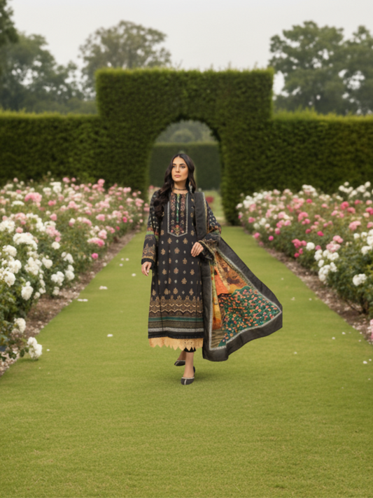 Mausummery Khaddar Printed Unstitched 3-Piece Suit-Onyx