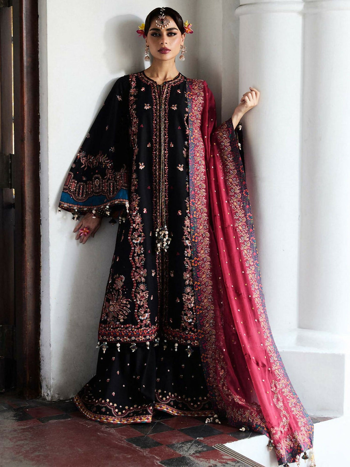 Hussain Rehar unstitched 3-piece suit with embroidered lawn shirt, red chiffon embroidered dupatta, and cotton trouser, featuring intricate floral patterns for a sophisticated summer look.