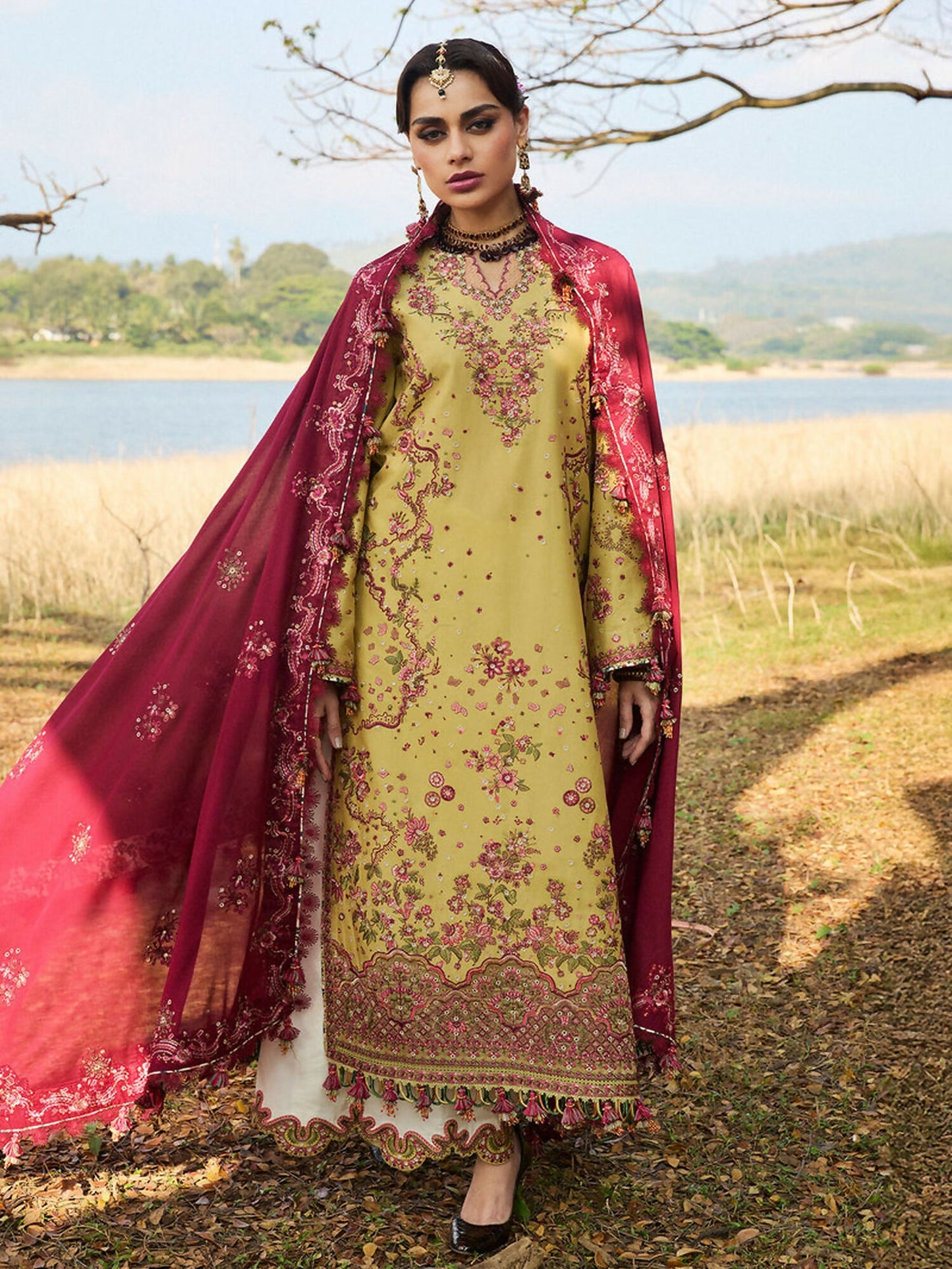 Hussain Rehar unstitched 3-piece suit with embroidered lawn shirt, embroidered dupatta, and cotton trouser, featuring intricate detailing for an elegant summer look.