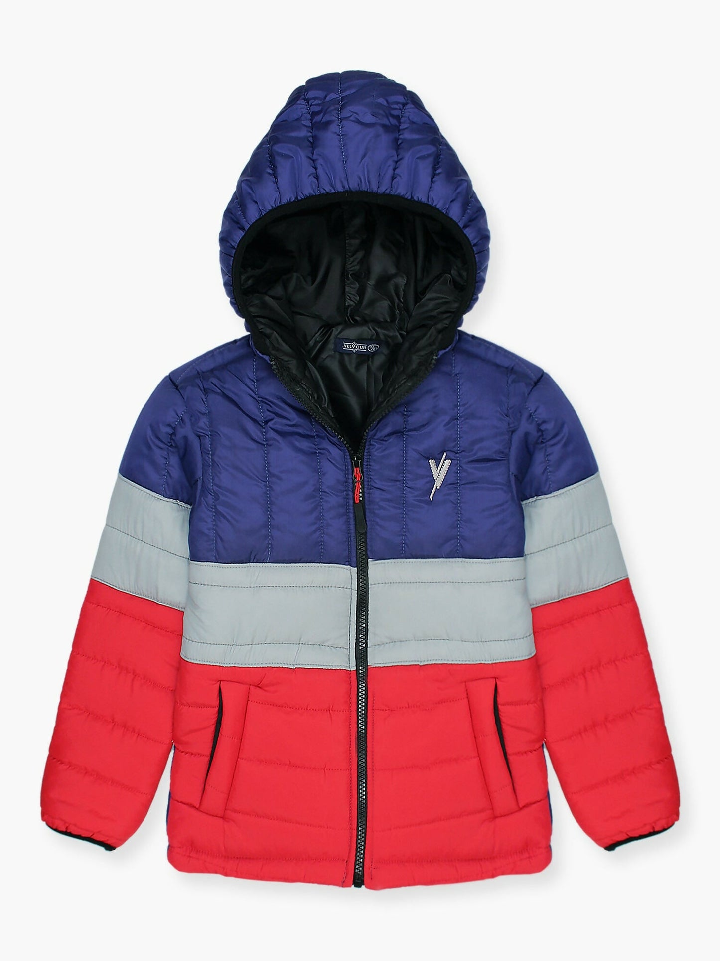 Blue and Red Velvour Printed Puffer Jacket- VJ25-C