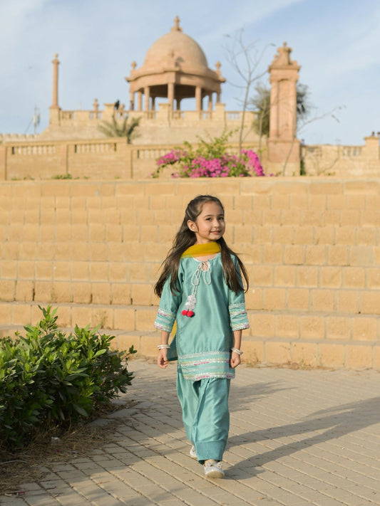Kidoz Kloset Cotton Silk Embroidered Stitched 3-Piece Suit-Ocean Breeze Farshi-Girl