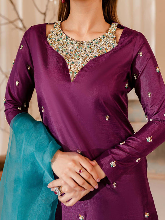 Allure By IH Raw Silk Embellished Stitched 3-Piece Suit-Twilight