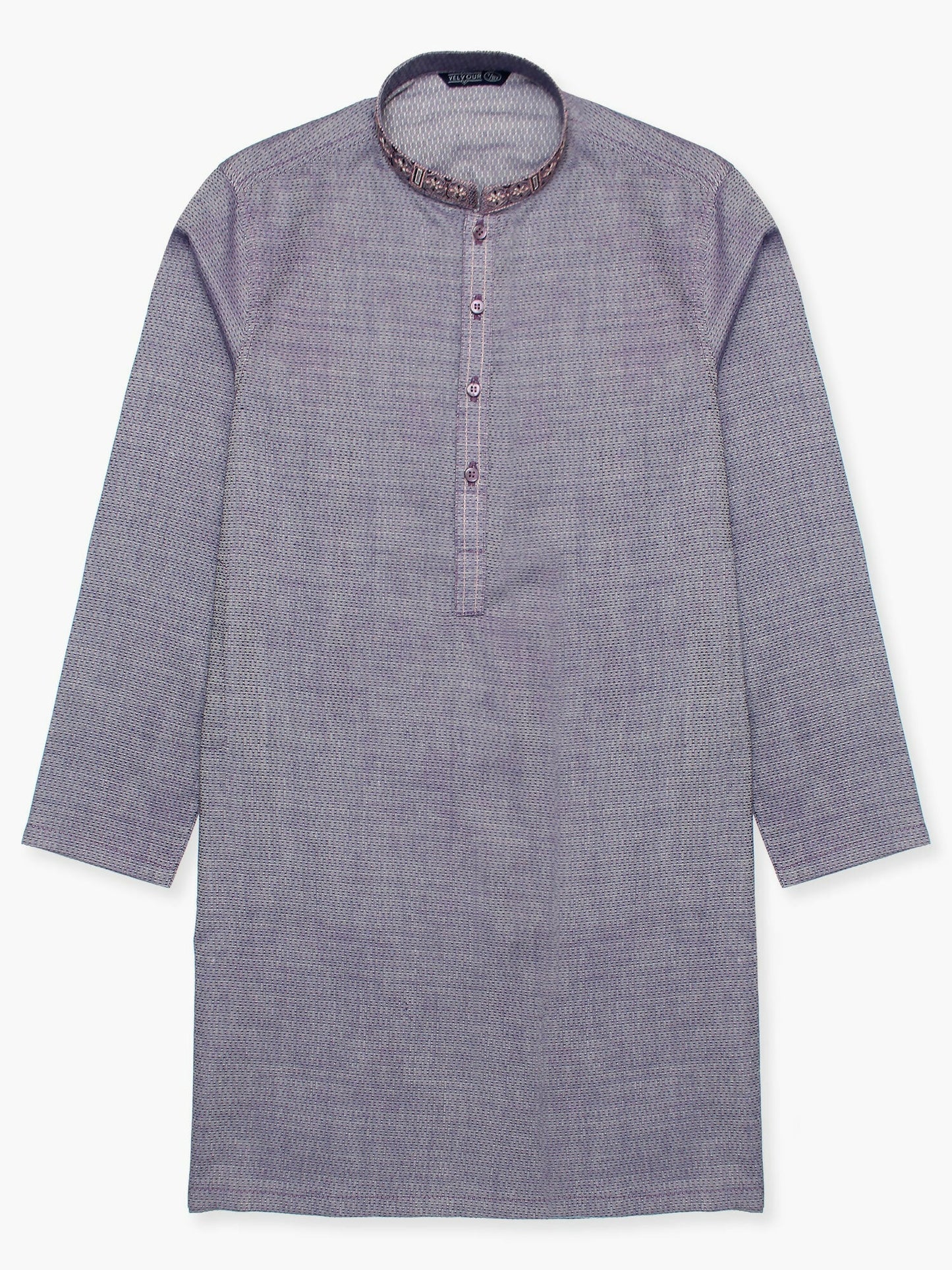 Boy wearing cotton stitched kurta with mandarin collar, full sleeves, and regular fit – traditional ethnic wear for kids.
