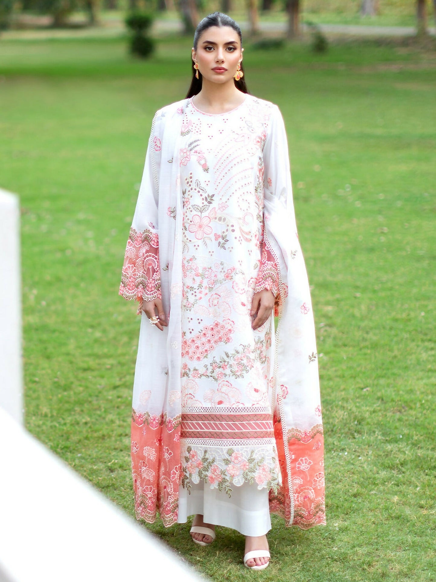 Stitched 3-piece suit from Mahnur Sophie Luxury Lawn with embroidered shirt, embroidered dupatta, and dyed trouser.