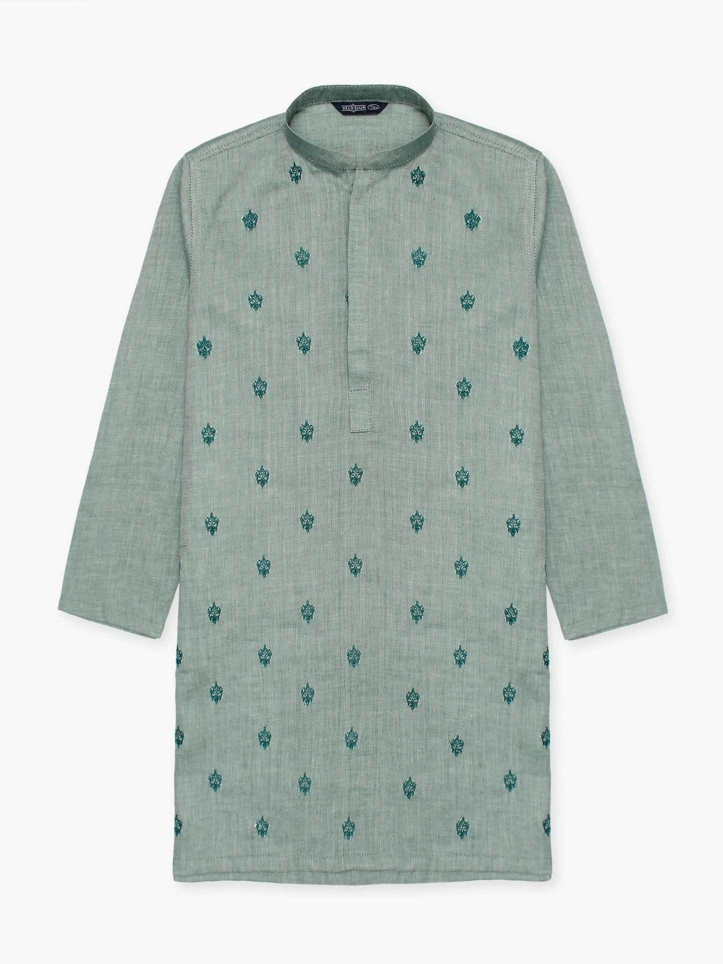 Boy wearing embroidered cotton kurta with mandarin collar, full sleeves, and regular fit, ideal for traditional wear