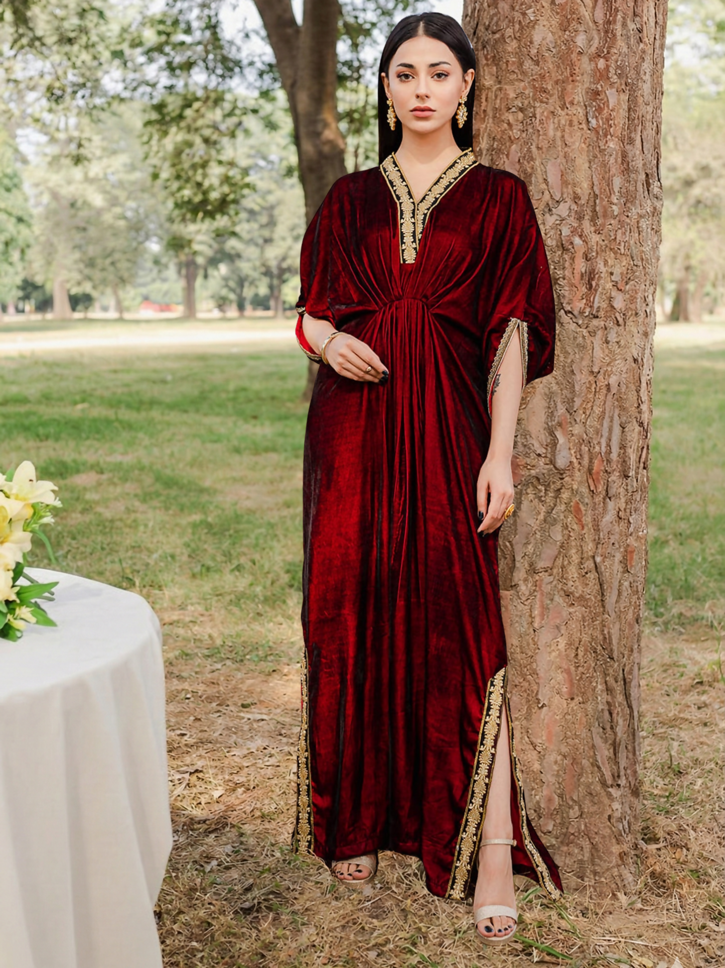 Panache Apparel Velvet Edit Micro Velvet 9000 Embroidered Kaftan-Maroon