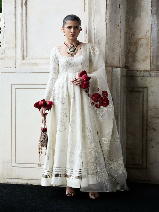 Hussain Rehar Festive Pret’25 ivory Korean raw silk pishwas with churidar and Gara embroidered organza dupatta, stitched 3-piece suit.