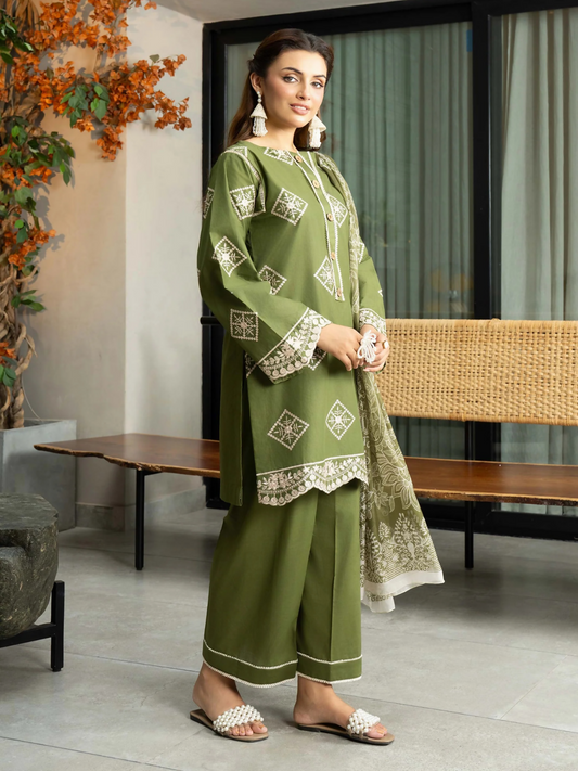 Panache Apparel Solid Story Cotton Lawn Embroidered Stitched Suit-Vana