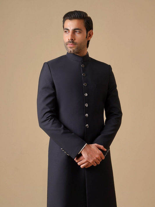 Gem Garments Janaan Jacquard Sherwani-Imperial Navy