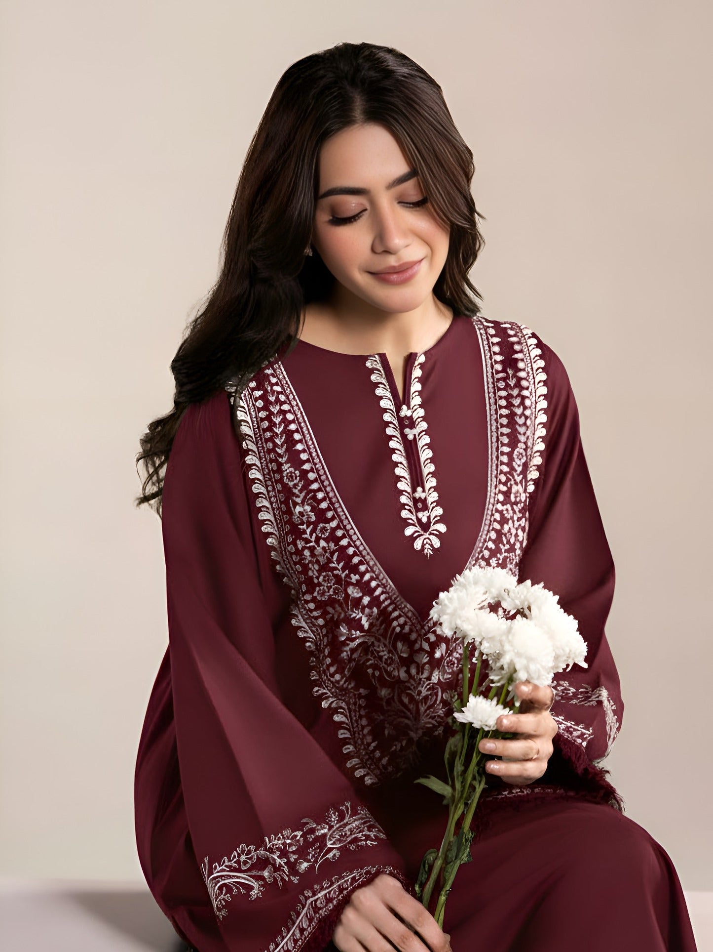 Maroon Ayat Closet Linen Embroidered Stitched 2-Piece Suit-Blossom