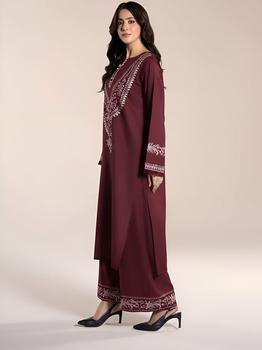 Maroon Ayat Closet Linen Embroidered Stitched 2-Piece Suit-Blossom