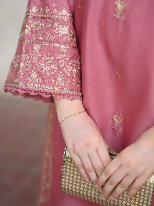 Shehroz Fashion Linen Embroidered Stitched 3-Piece Suit-Gul-e-Rose-Peach