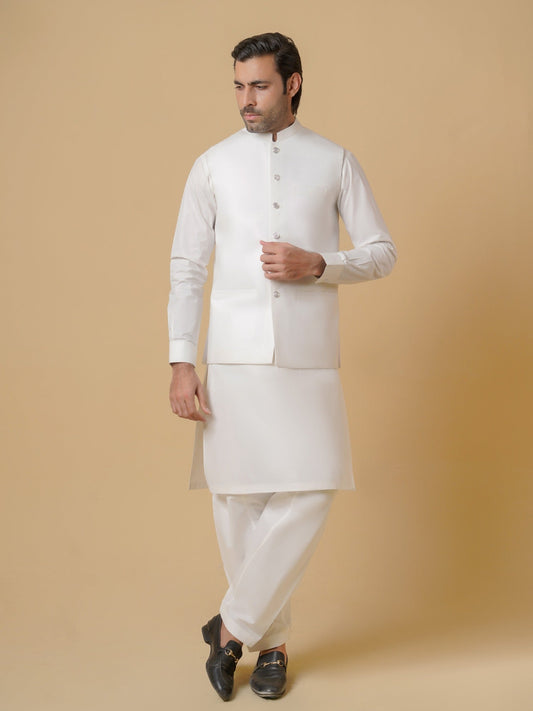 White-Dot N Dot Meeras Cotton Shalwar Kameez & Waistcoat Set-Harbor