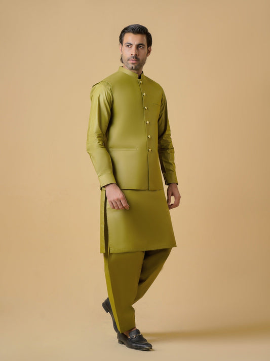 Olive green-Dot N Dot Meeras Cotton Shalwar Kameez & Waistcoat Set-Driftwood