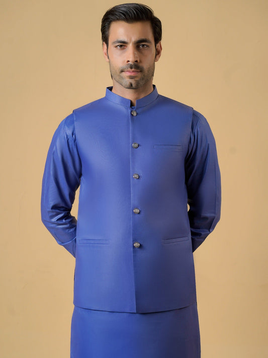 Blue-Dot N Dot Meeras Cotton Shalwar Kameez & Waistcoat Set-Cloudline