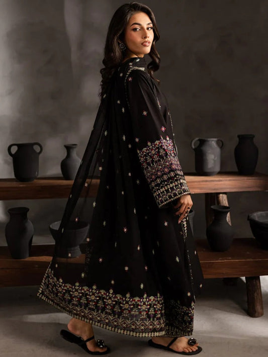 Black-Khubsurat Libas Linen Embroidered Stitched 3-Piece Suit-Black Horiya