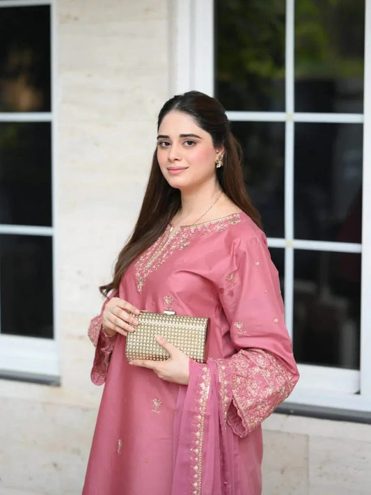 Pink-Khubsurat Libas Linen Embroidered Stitched 3-Piece Suit-Pink