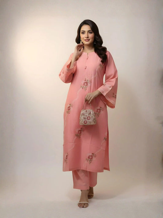 Pink-Khubsurat Libas Linen Embroidered Stitched 2-Piece Suit-Falak-e-Noor