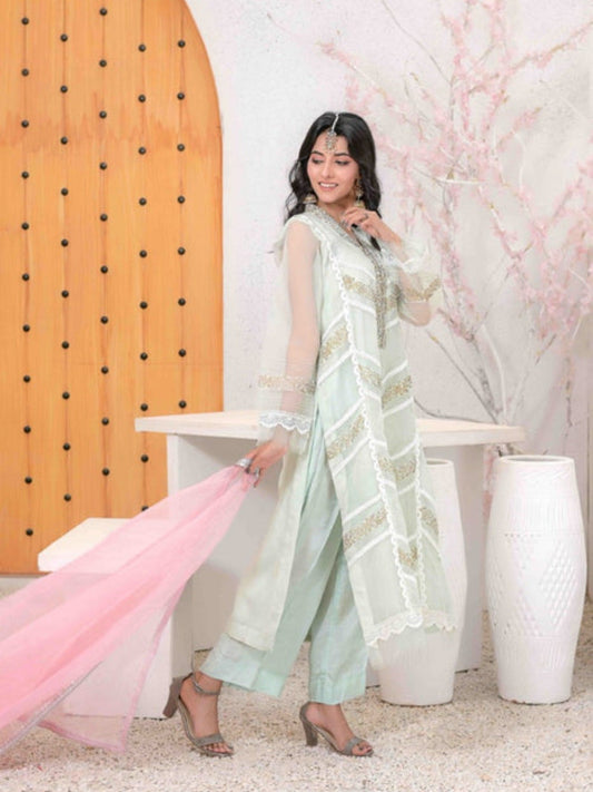 Mint Green-Ruby's Couture Organza Embroidered Stitched 4-Piece Suit-Tara