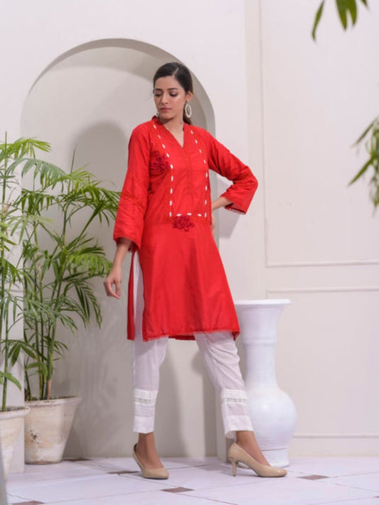 Red-Ruby's Couture Cotton Embellished Stitched 3-Piece Suit-Remi