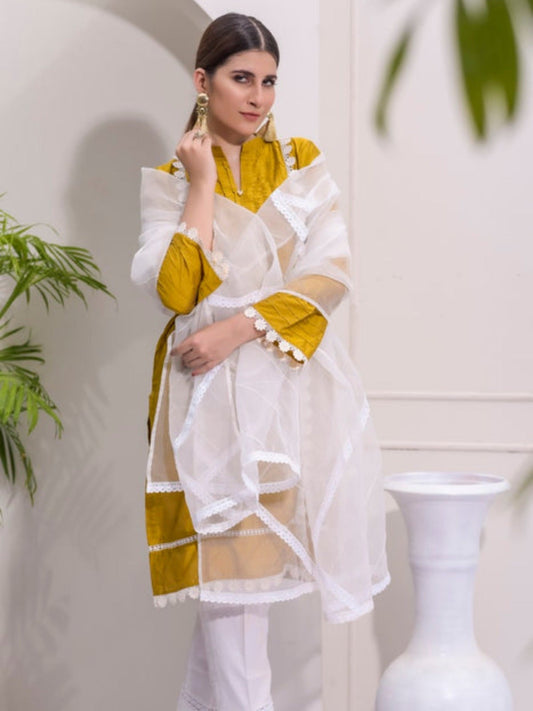 Yellow-Ruby's Couture Raw Silk Printed Stitched 3-Piece Suit-Sunflower