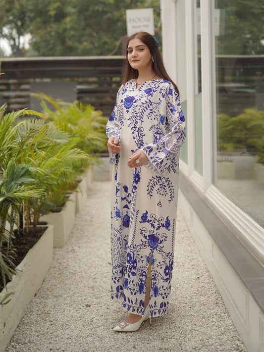Ivory Blue MH Cloth House Blended Lawn Printed Kaftan-Blue Muse