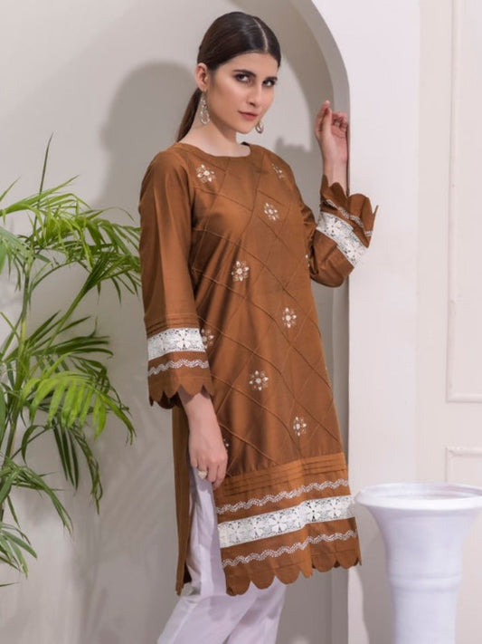 Brown and White-Ruby's Couture Cotton Silk Stitched 3-Piece Suit-Hussan-e-Ada
