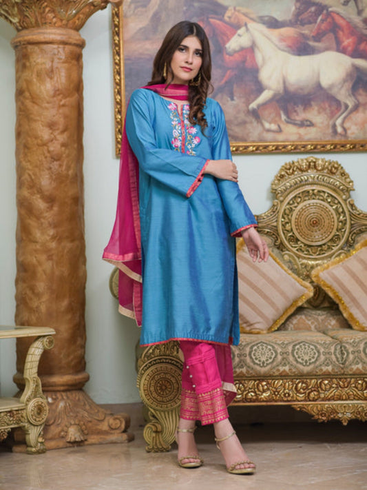Pink and Blue-Ruby's Couture Cotton Silk Stitched 3-Piece Suit-Nazakat